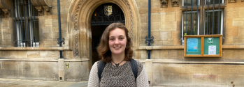 Victoria Drew stood outside Gonville and Caius College Cambridge